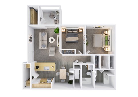 Floor plan for 2 beds, 2 baths, 886 sqft